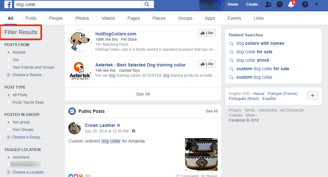 Recherche de produits Facebook