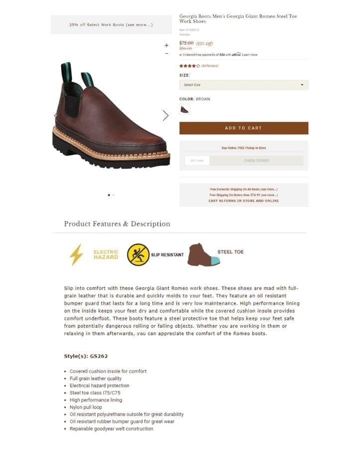 Screenshot of Boot Barn's product description of Georgia Boots Men's work shoes
