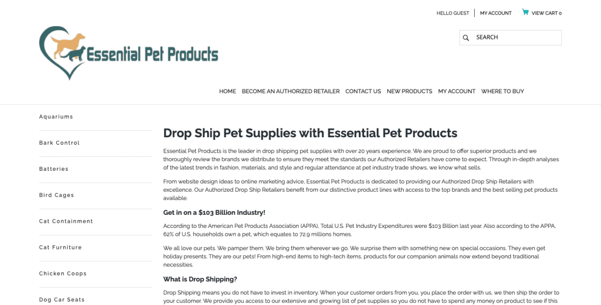 Essential Pet Products homepage