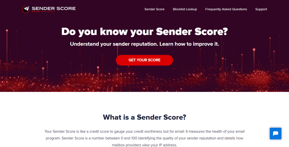 Sender Score from Validity Homepage