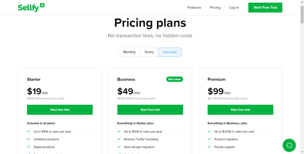 sellfy.com pricing Screenshot