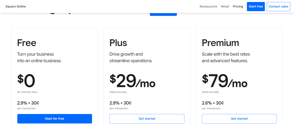 Square Online Store Pricing Plans
