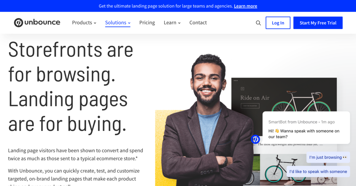Ecommerce landing page builder and CRO tools Unbounce Screenshot